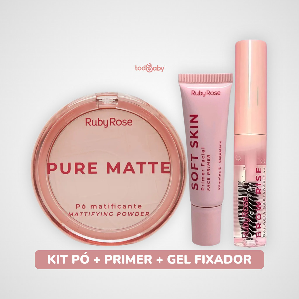 Pó Compacto Pure Matte + Gel de Sobrancelha Brow Rise + Primer Soft Skin Ruby Rose® Kit Maquiagem