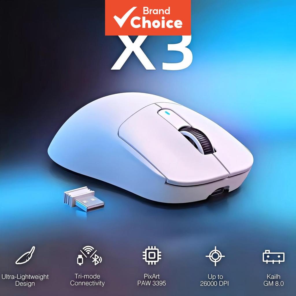 Mouse Gamer Sem Fio Attack Shark X3, Tri-Modo, 49g Ultraleve, Sensor PAW3395 26000 DPI, 2.4G/Bluetooth/USB-C, 200h