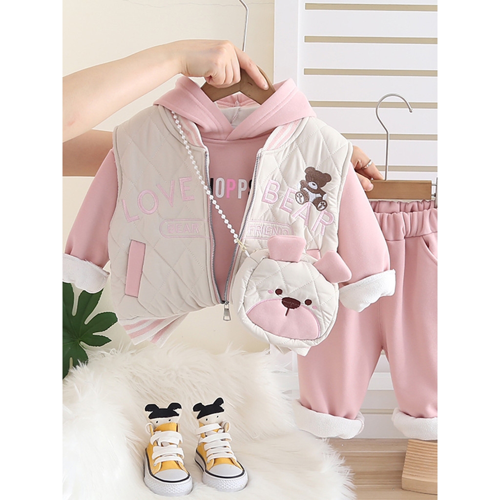 Meninas roupas de inverno forro de lã espessamento terno moda bebê outono inverno bonito terno de três peças do bebê cri