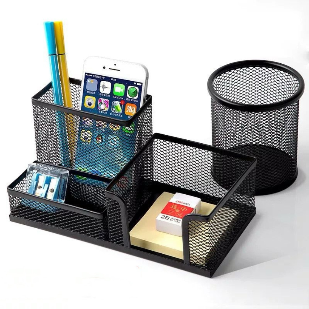 Organizador de Mesa em Metal Aramado para Escritório com 3 Divisórias Porta Lápis, Caneta e Clips