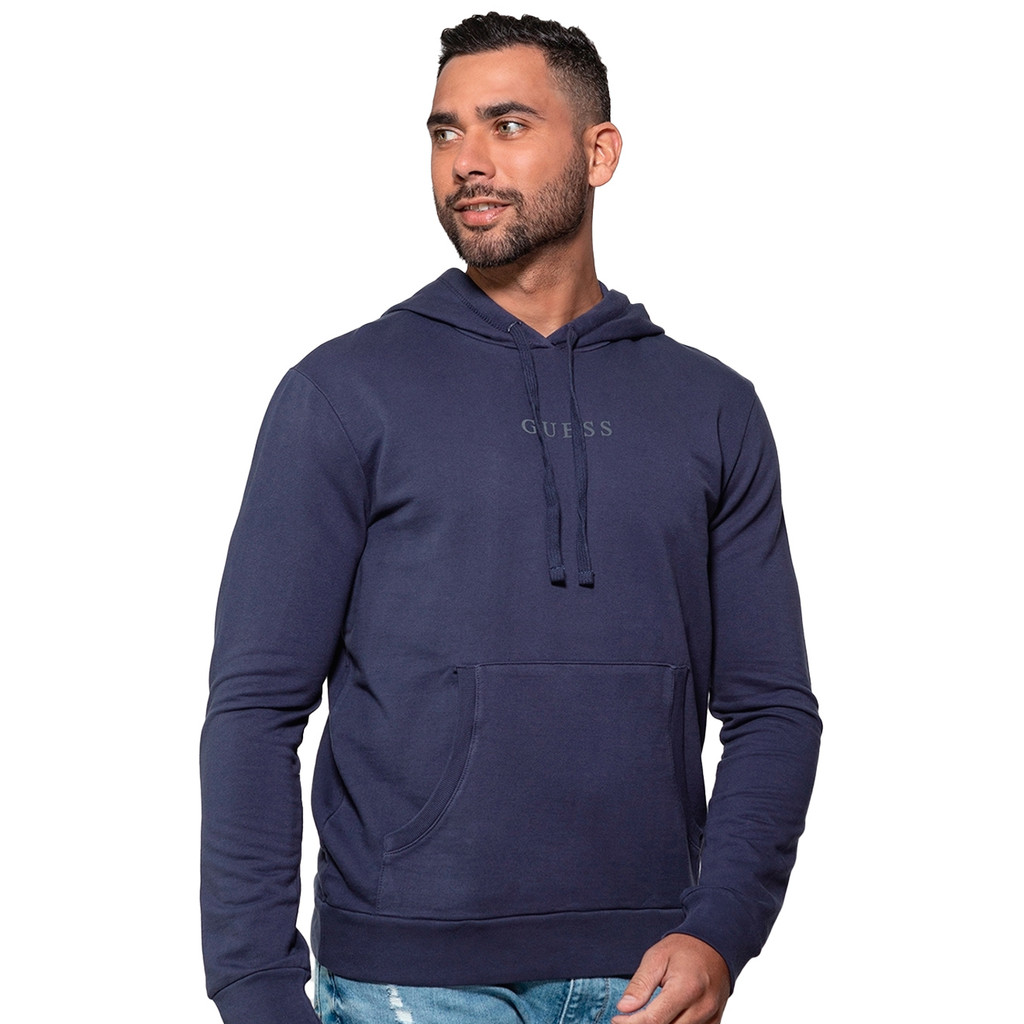 Moletom Guess Masculino Hoodie Small Logo Silk Azul Marinho