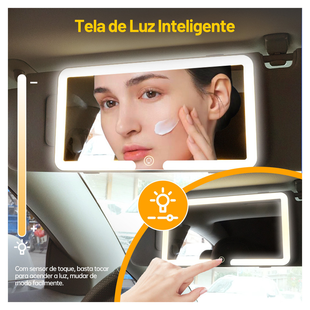 Espelho Para Quebra Sol Carro Com Led Maquiagem Recarregável Luz 3 Tonalidades Aba De Sol Portátil