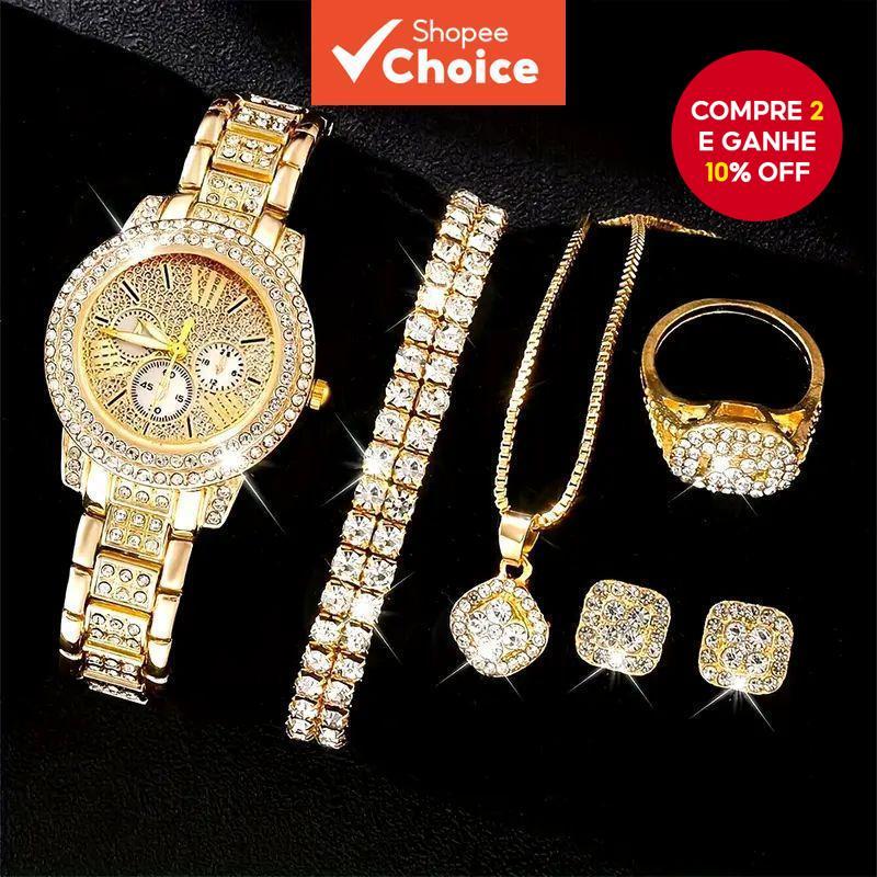 Conjunto De Relógios 6 Peças Elegantes Para Mulheres Quartzo Mostrador Romano Zircão Simulado Sem Caixa