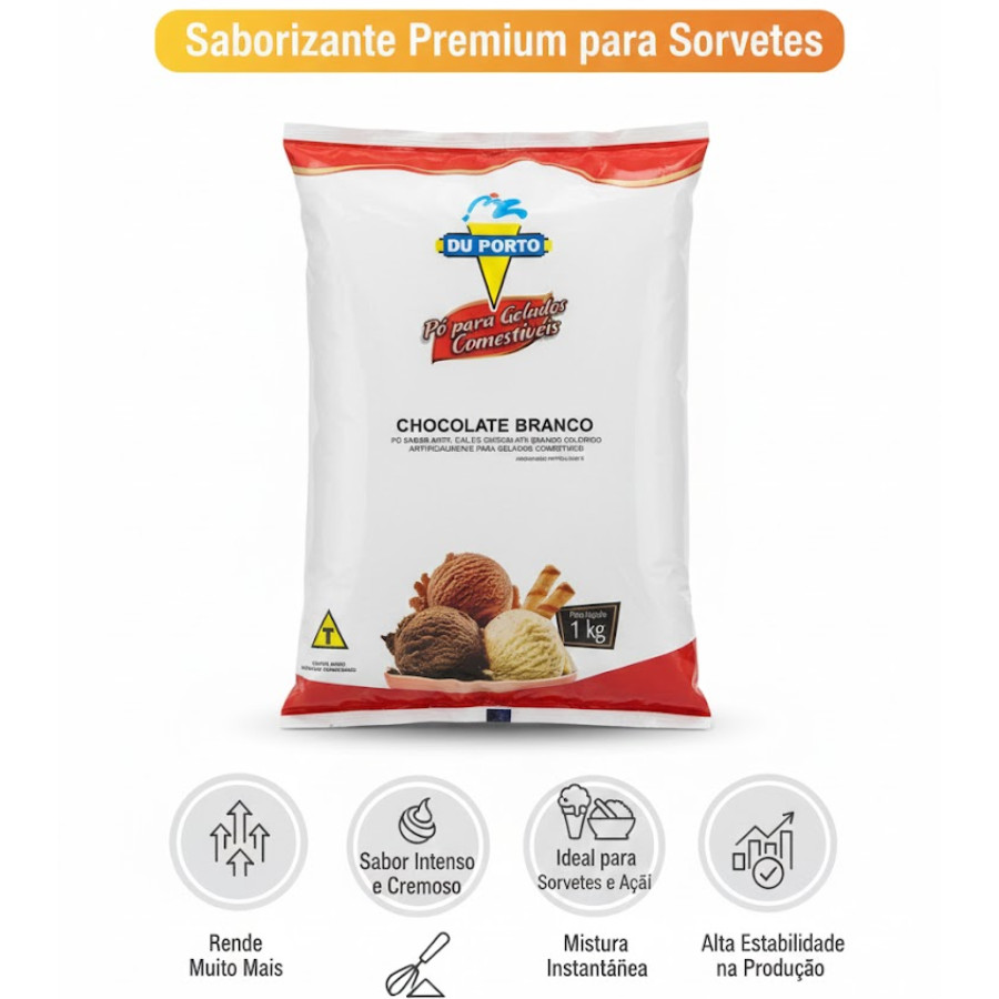 Saborizante em Pó Base Chocolate Branco Du Porto 1kg Para Gelatos Geladinhos Mousses
