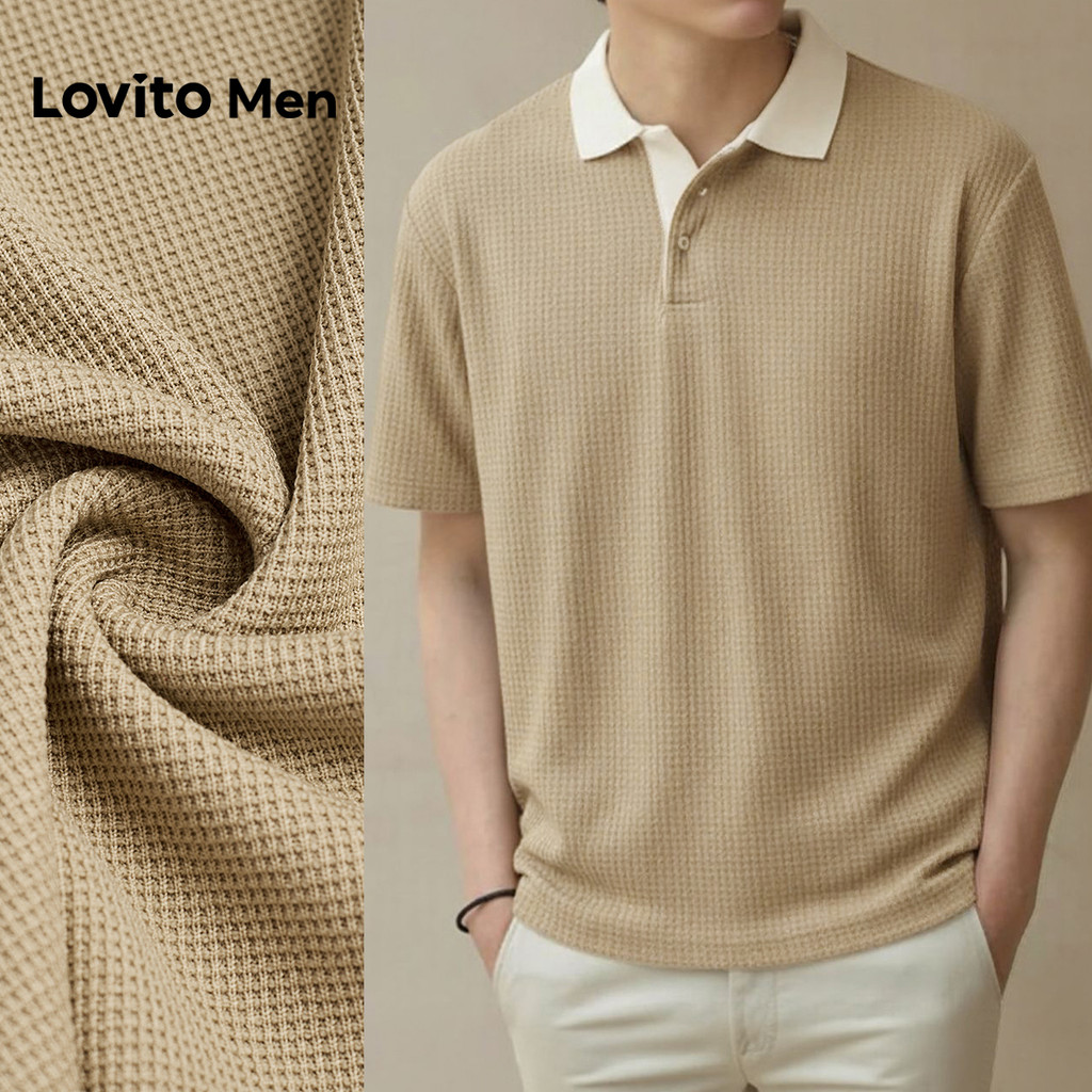 Lovito Men Camisa Polo Casual Plissada Primavera/verão Camisa Polo Cáqui para Homens L169ED006 em Oferta na Shopee