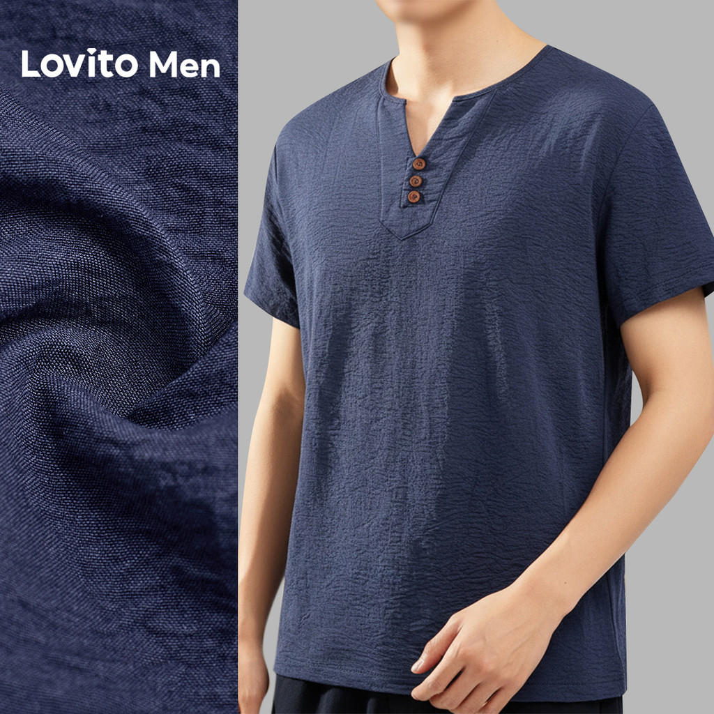 Lovito Men Camisa Casual Plicated Primavera/verão Azul-marinho para Homens L163ED014 em Oferta na Shopee