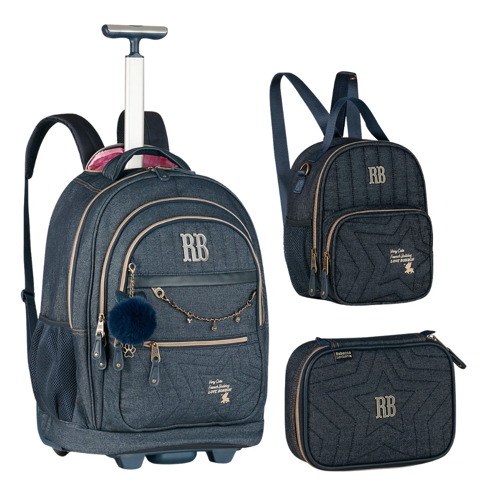 Kit Mochila Carrinho Rebecca Bonbon Original com Estojo Lancheira Jeans Premium 2026