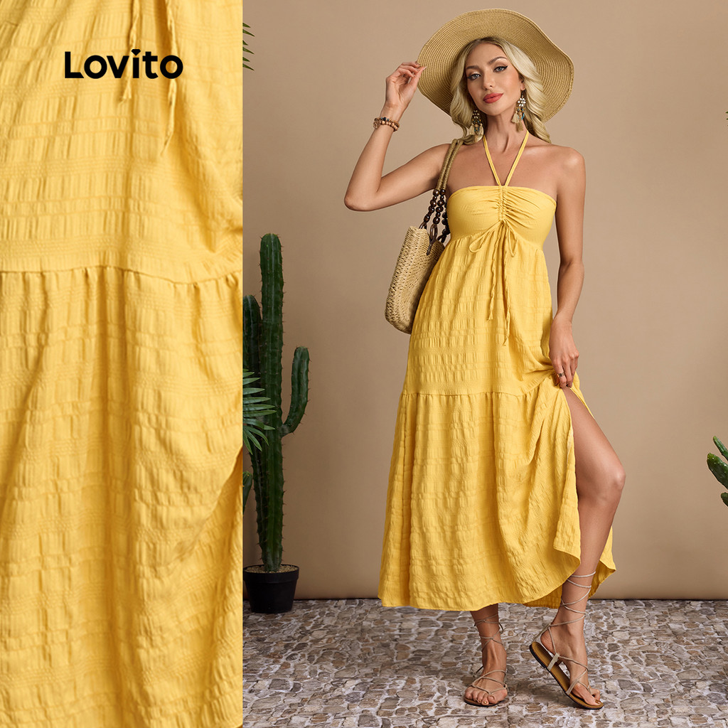 Lovito Vestido Boho com Fenda Na Frente Amarração Primavera/verão Vestido amarelo LBL30049 em Oferta na Shopee