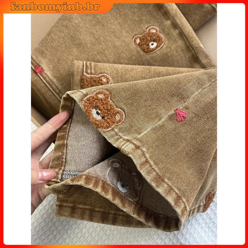 Jeans Urso Bordado Design Renda Solta Mais Magro Look Drape Calças