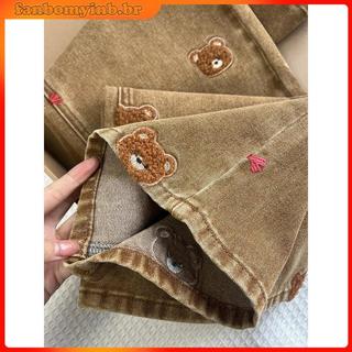 Jeans Urso Bordado Design Renda Solta Mais Magro Look Drape Calças