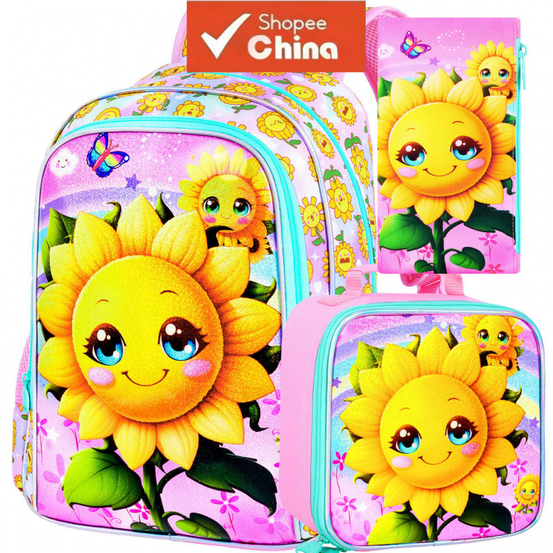 Kit de Mochila Escolar Infantil Girassol à Prova d'Água para Meninas de 5 a 10 Anos, Bolsa Térmica para Almoço e Estojo