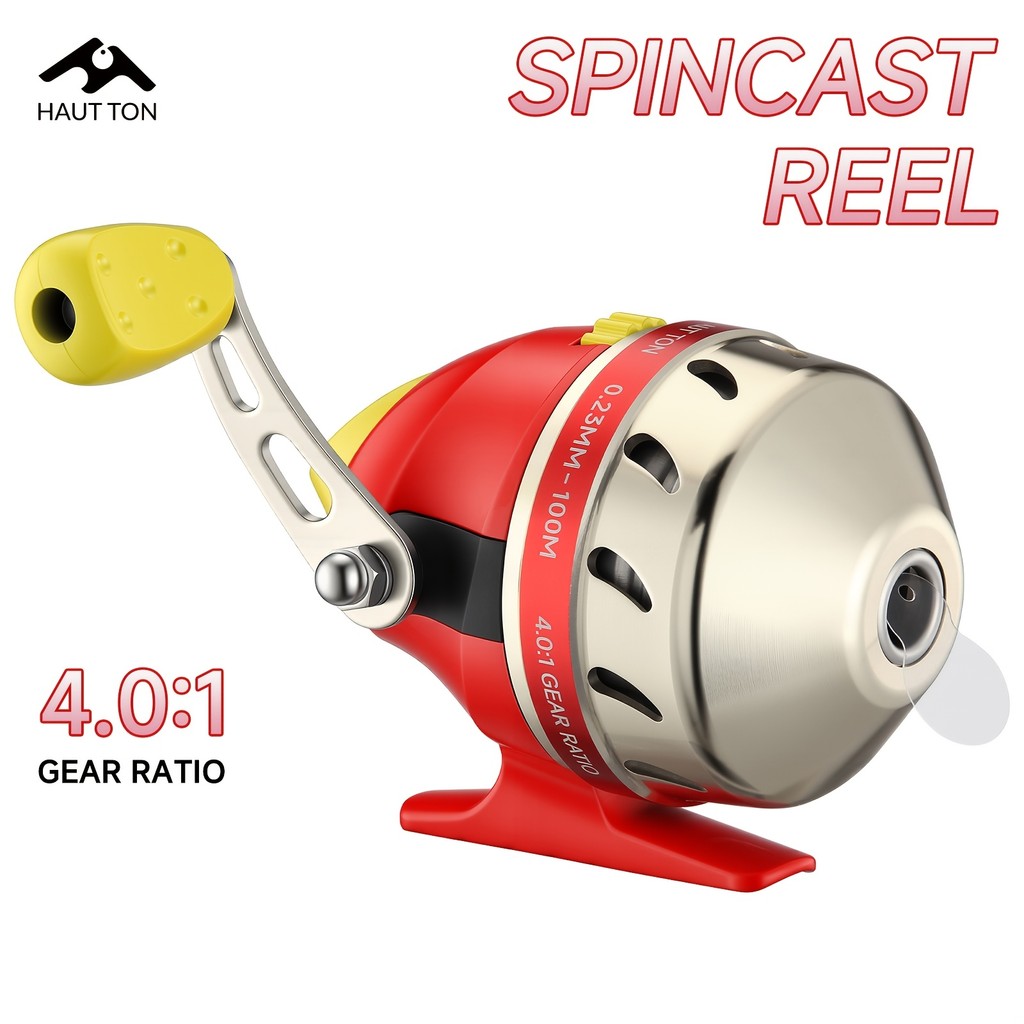 Carretilha de Pesca HAUT TON Red Spincast com Linha de Nylon, Relação de Transmissão 4.0:1, Leve, Fácil de Usar e Transp