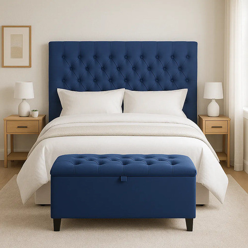Baú Recamier Infantil Puff Sara Captonê Luxo Estofado Suede 120cm Azul Capitone