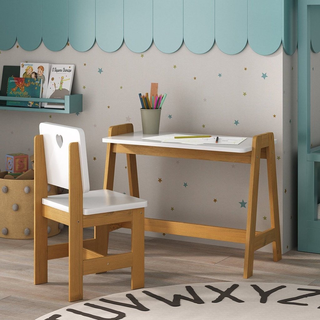 Conjunto Mesa Escrivaninha + 1 Cadeira Infantil Sofia Madeira Maciça / Mdf Branco