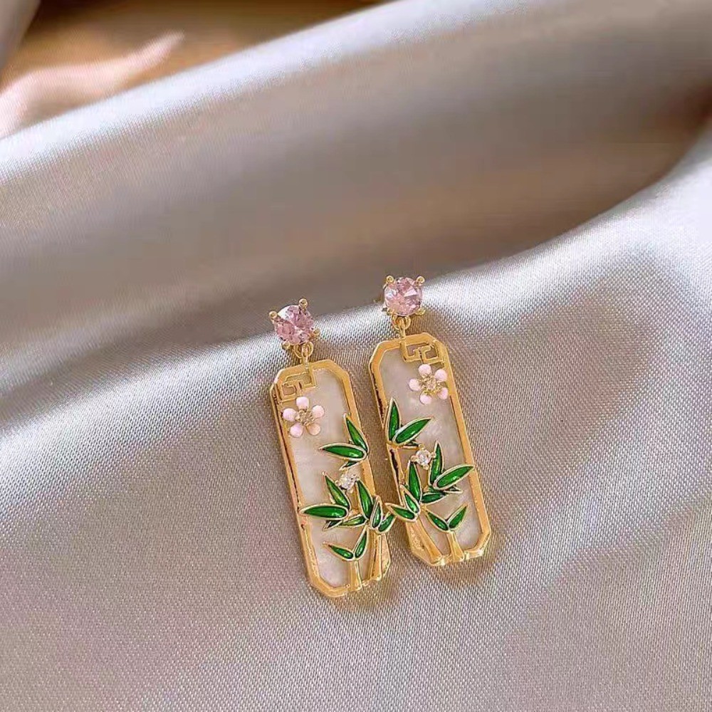 Brincos de diamante retrô pequenos brincos de flor de folha de bambu verde fresco requintado elegante luz brincos de lux