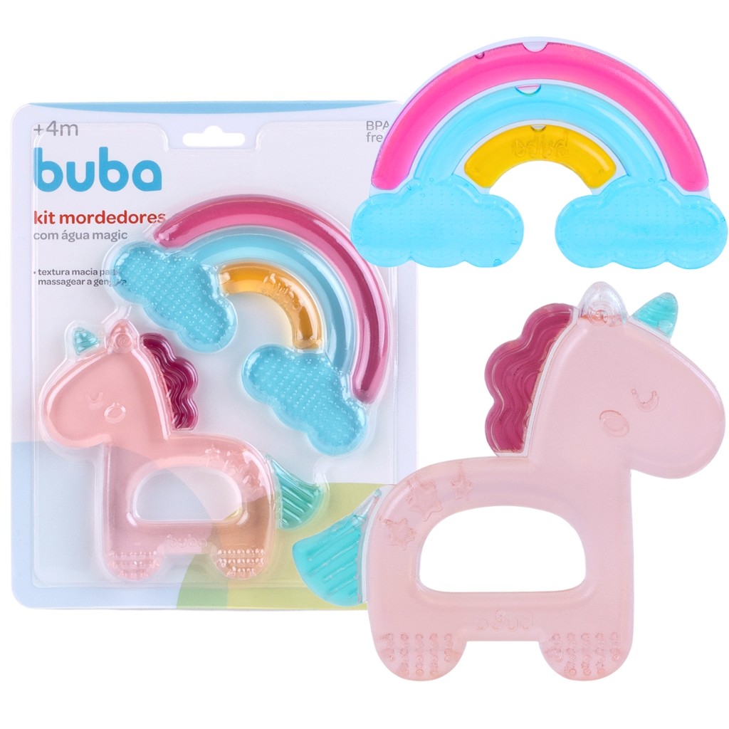 Kit Mordedores Unicórnio C/ Água Magic Para Bebês 22675 - Buba