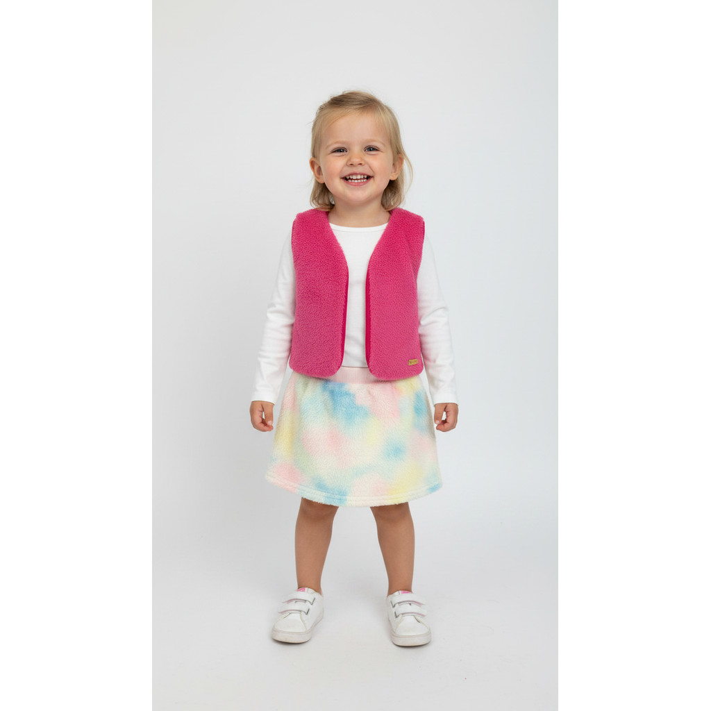 Conjunto Infantil Peluciado Feminino Colete Pink + Saia Colorida Quentinho - Tam. 2/3 anos - Seminovo