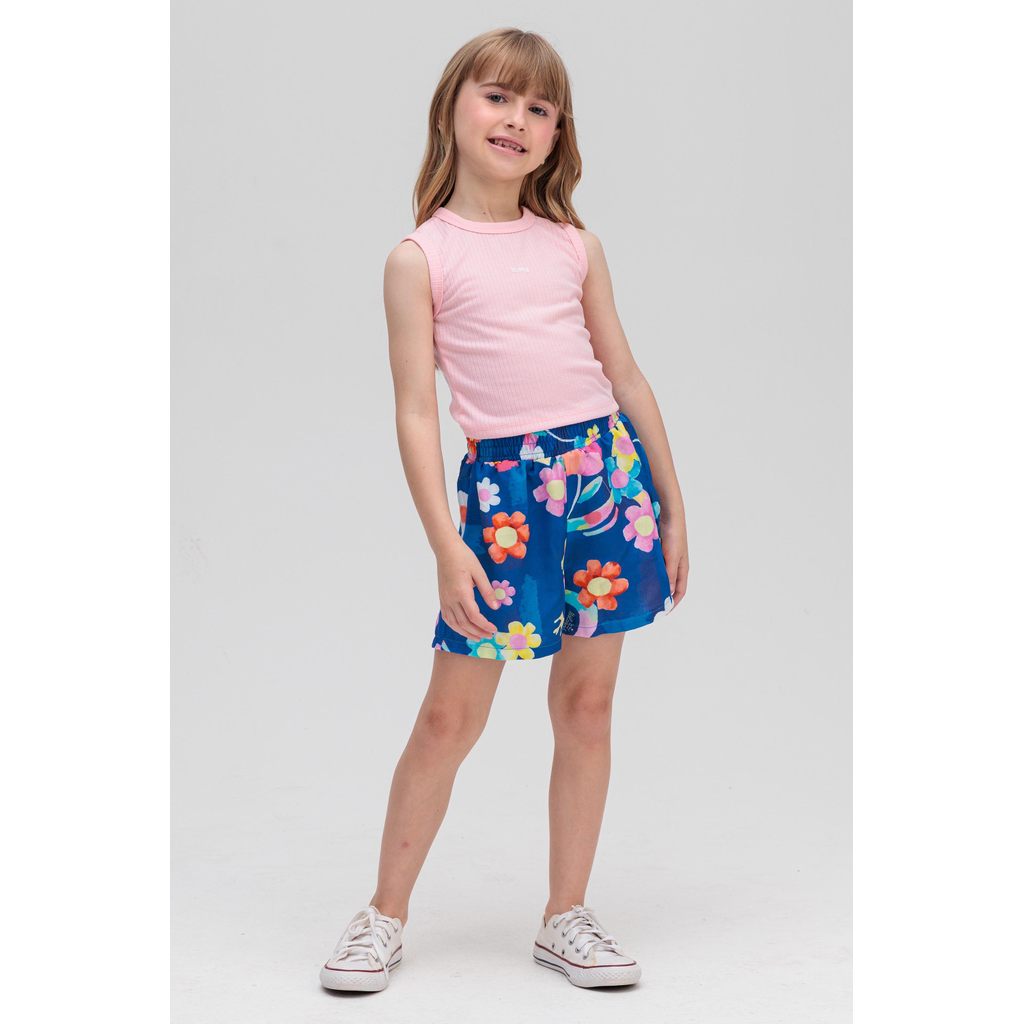 CONJUNTO INFANTIL MENINA REGATA CANELADA ROSA  E SHORT EM VISCOSE ESTAMPADA