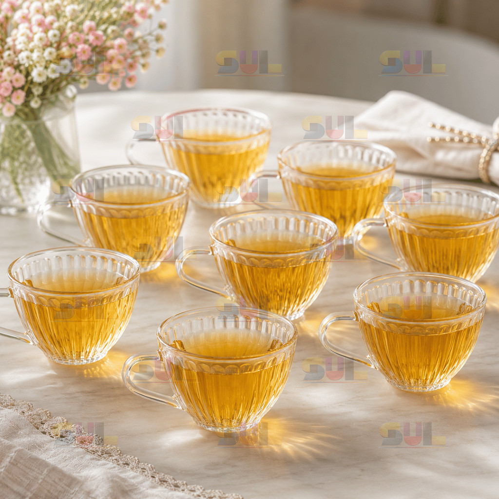 Jogo de Xicara 8 Peças 240ml CANELADA  PERA Transparente Cristal Crystal Retro Vidro Cha Cafe