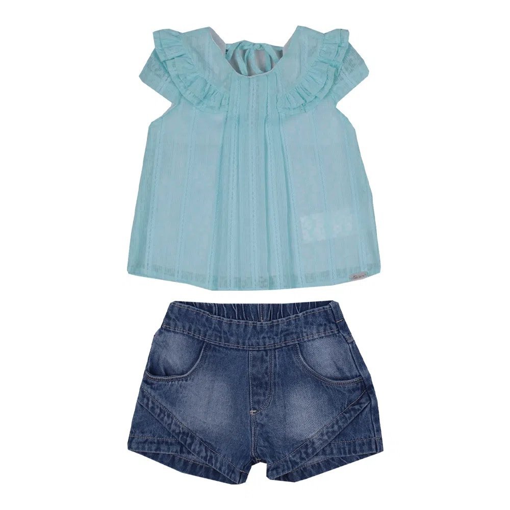 Conjunto Infantil Menina Verão Bata Devorê Azul E Short Jeans 2 peças - Paraíso