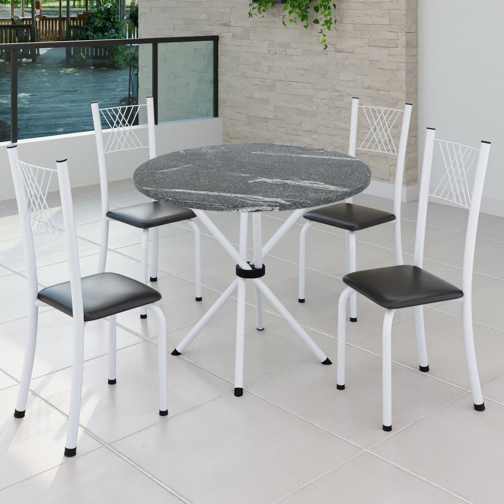 Conjunto de Jantar Mesa Tampo Redondo de Granito Topázio com 4 Cadeiras Sara Yescasa Branco/Preto Liso Branco/Preto