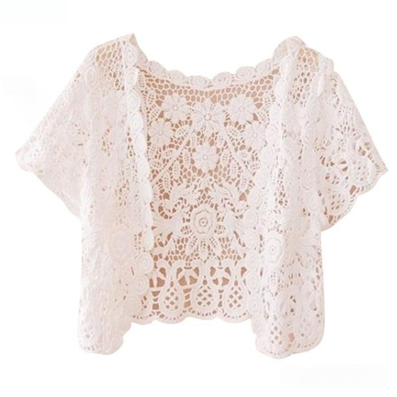 Bolero de Renda Feminino com Ombros Curtos, Top Cropped, Cardigã Floral de Crochê