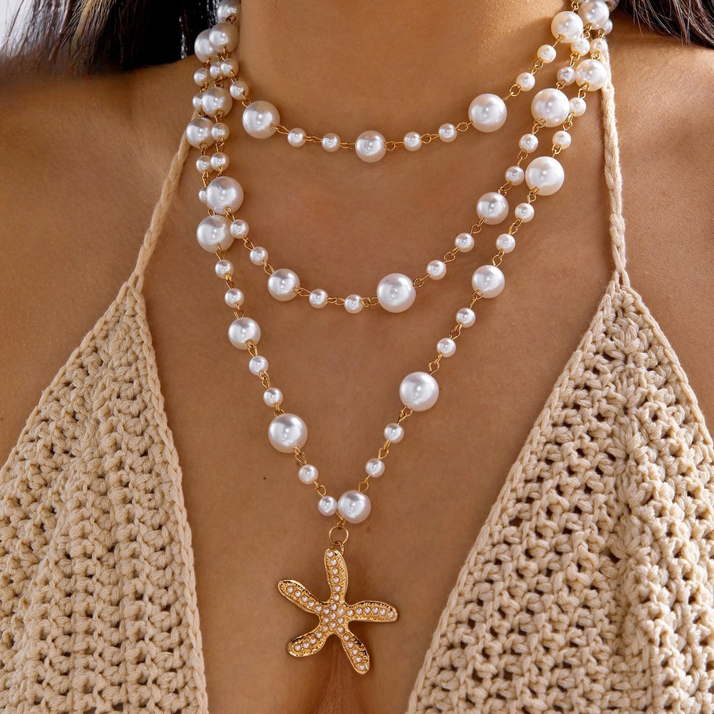 Colar Longo de Pérolas e Estrela-do-mar Benge, Estilo Vintage, Joia para Festa na Praia de Verão, Presente para Mulheres