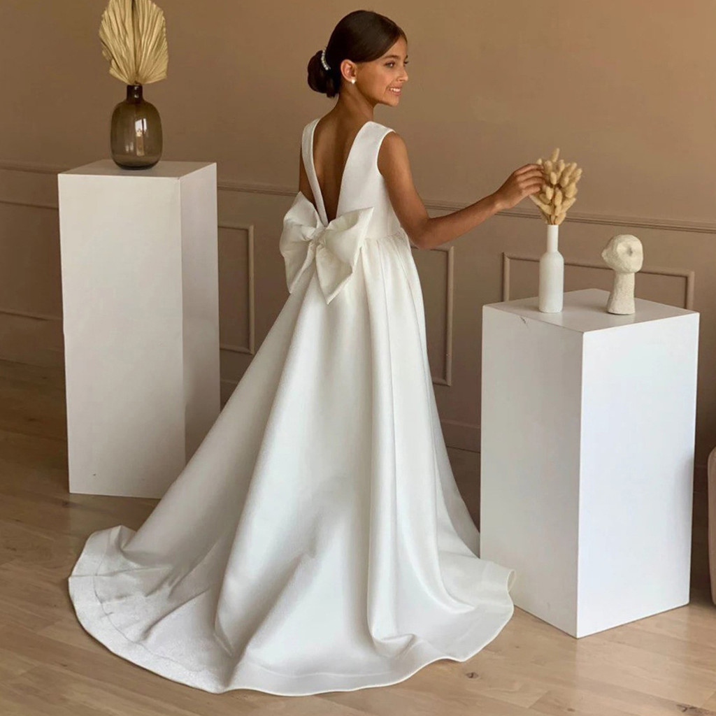 Vestido infantil de princesa com cauda de cetim, longo vestido de noite para festas de aniversário