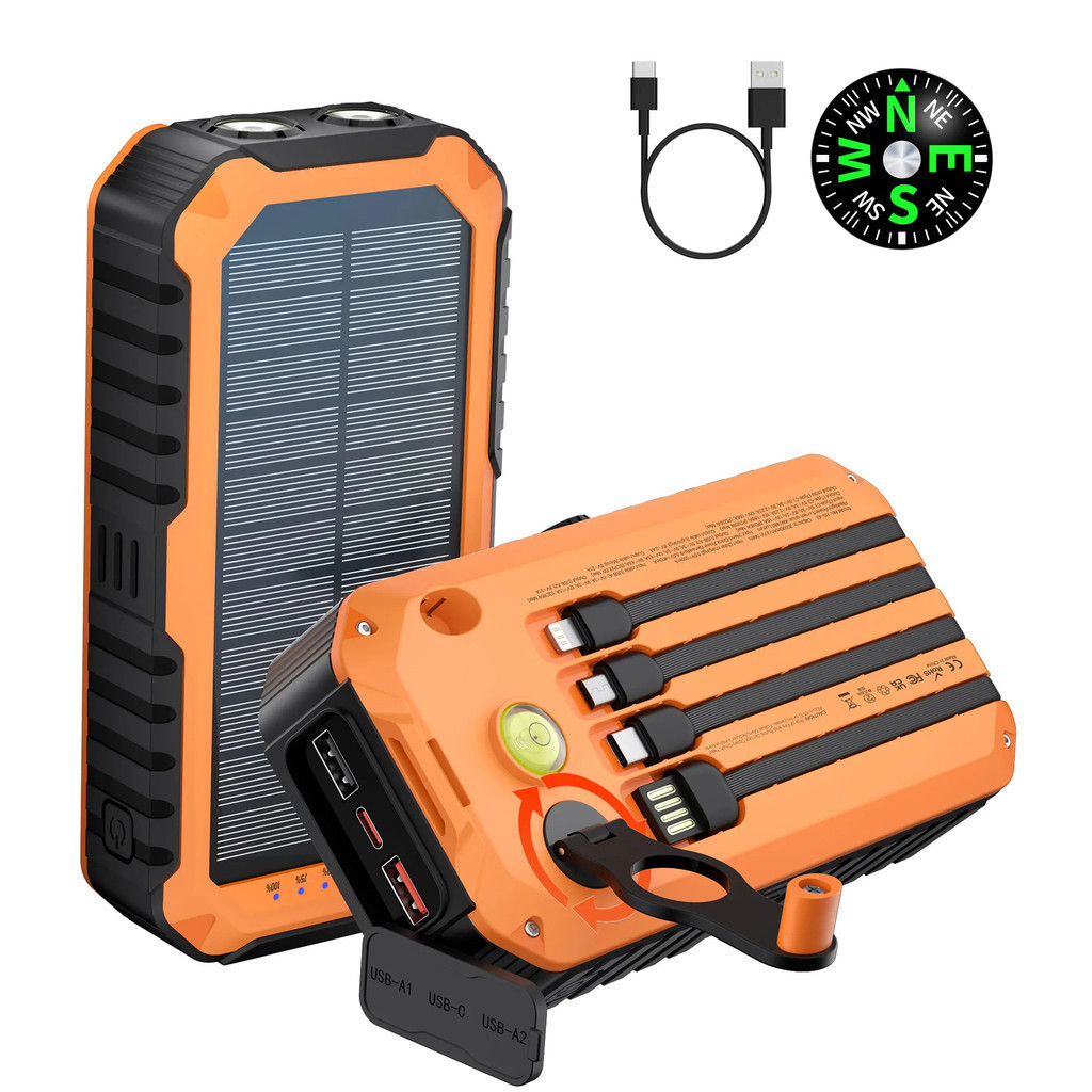 Banco de energia solar Diamuar 40000mAh, equipado com 4 cabos integrados e uma manivela, carregador portátil com potênci