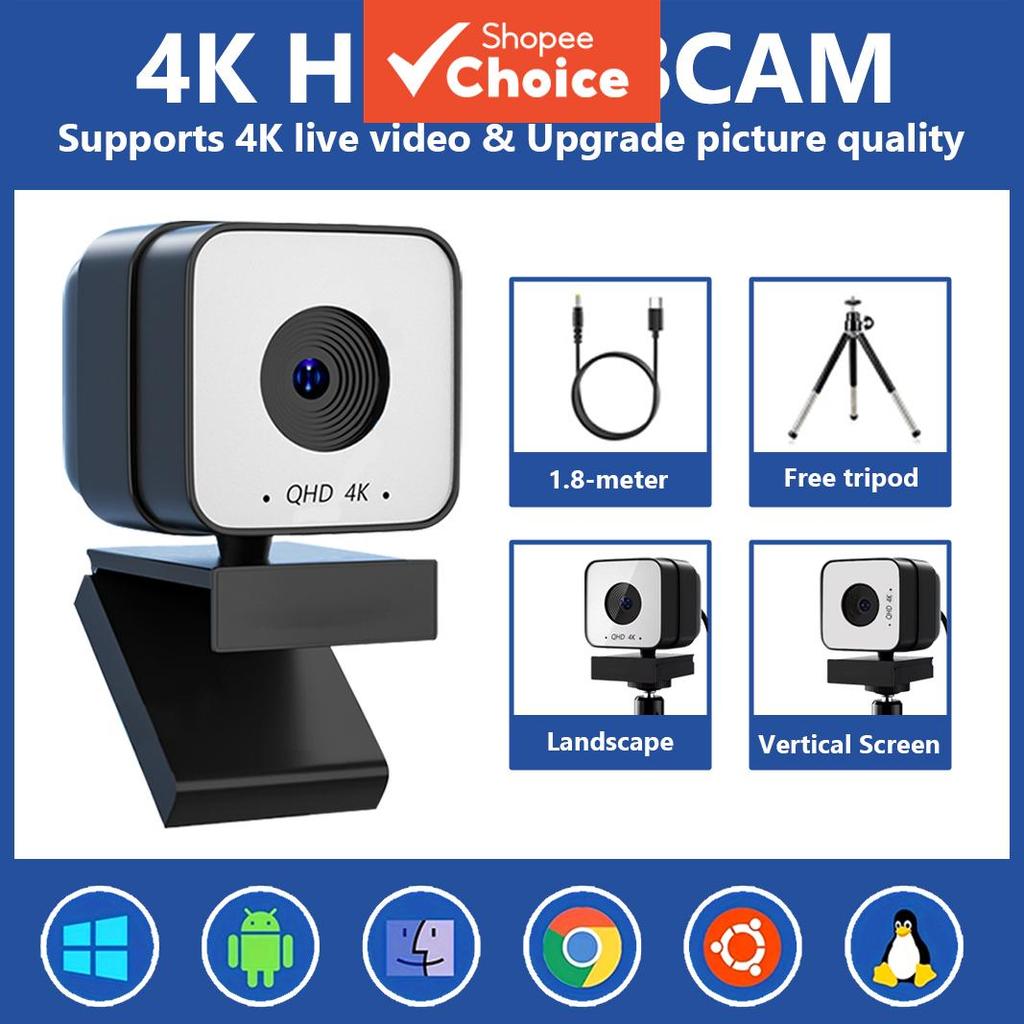 Webcam QHD 4K, Foco Automático com Microfone, Rotação 360°, Plug and Play para Transmissão ao Vivo, Chat de Vídeo,