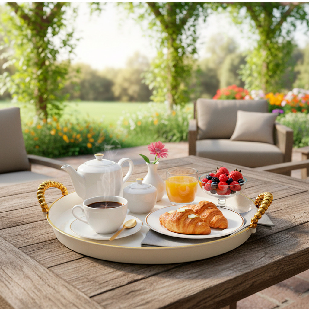 Bandeja Redonda Dourada Grande Luxo com Alça Pérola
 Cafe da manhã em Oferta na Shopee