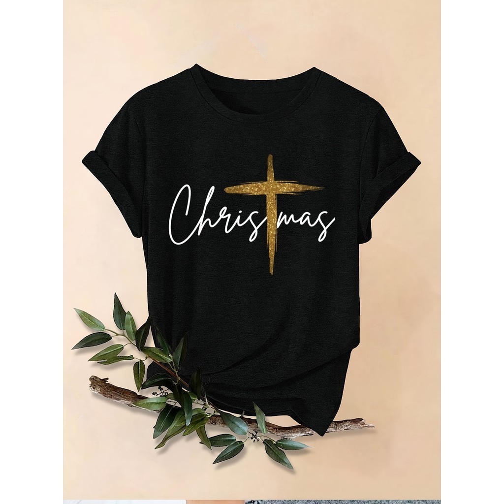 Camiseta Feminina Folgada E Confortável Em Puro Algodão Com Estampa De Cruz Dourada E A Palavra "Natal"