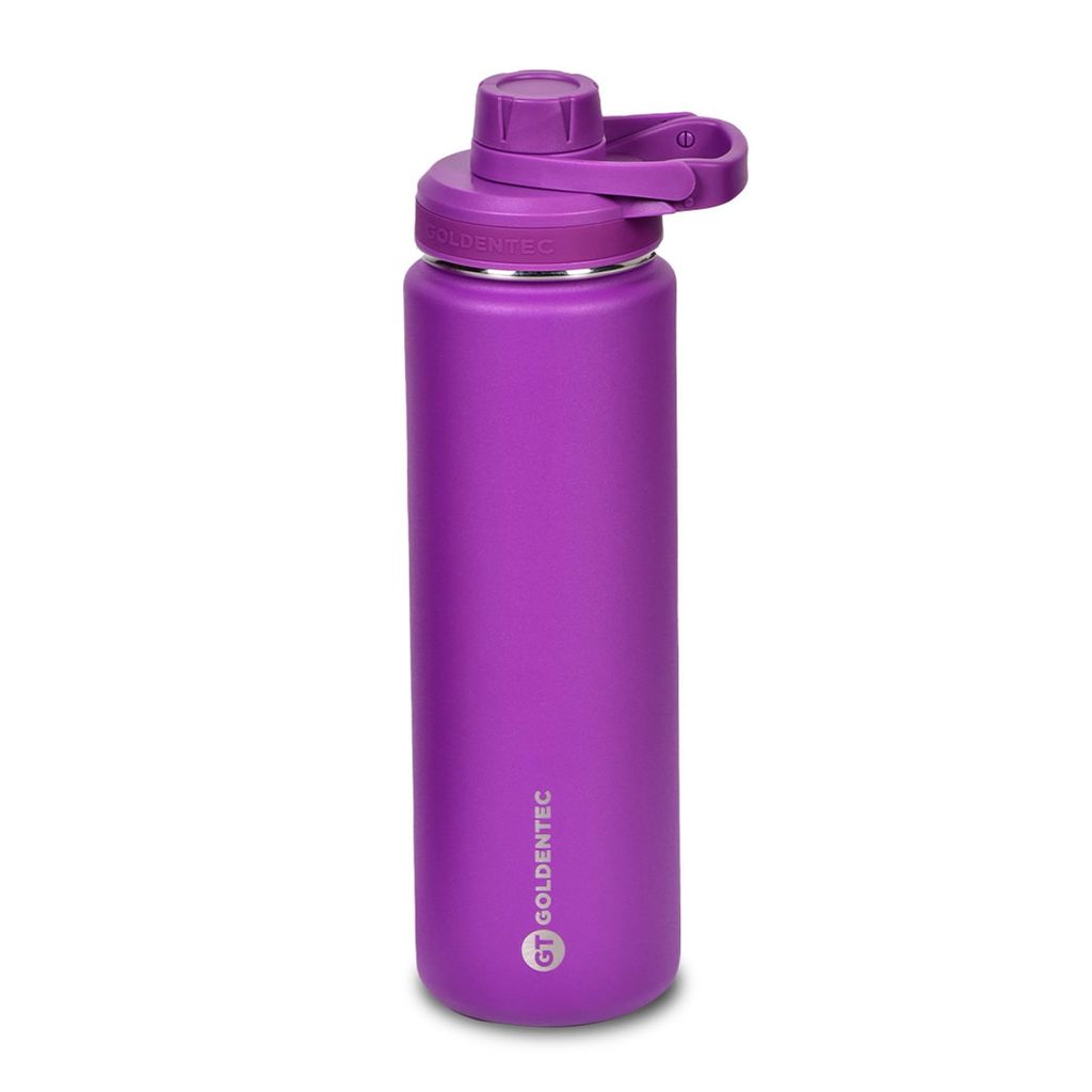 Detalhes do Garrafa Térmica Inox Goldentec GT Colors 750ml Roxo para bebidas quentes ou frias com tampa, bico e base emborrachada