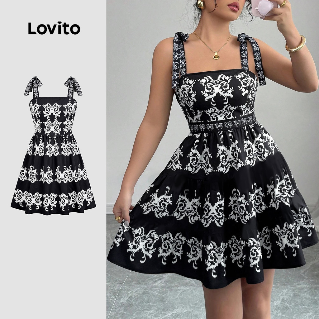 Lovito Vestido Boho com Renda para Mulheres Na Primavera/verão preto LBL31121 em Oferta na Shopee