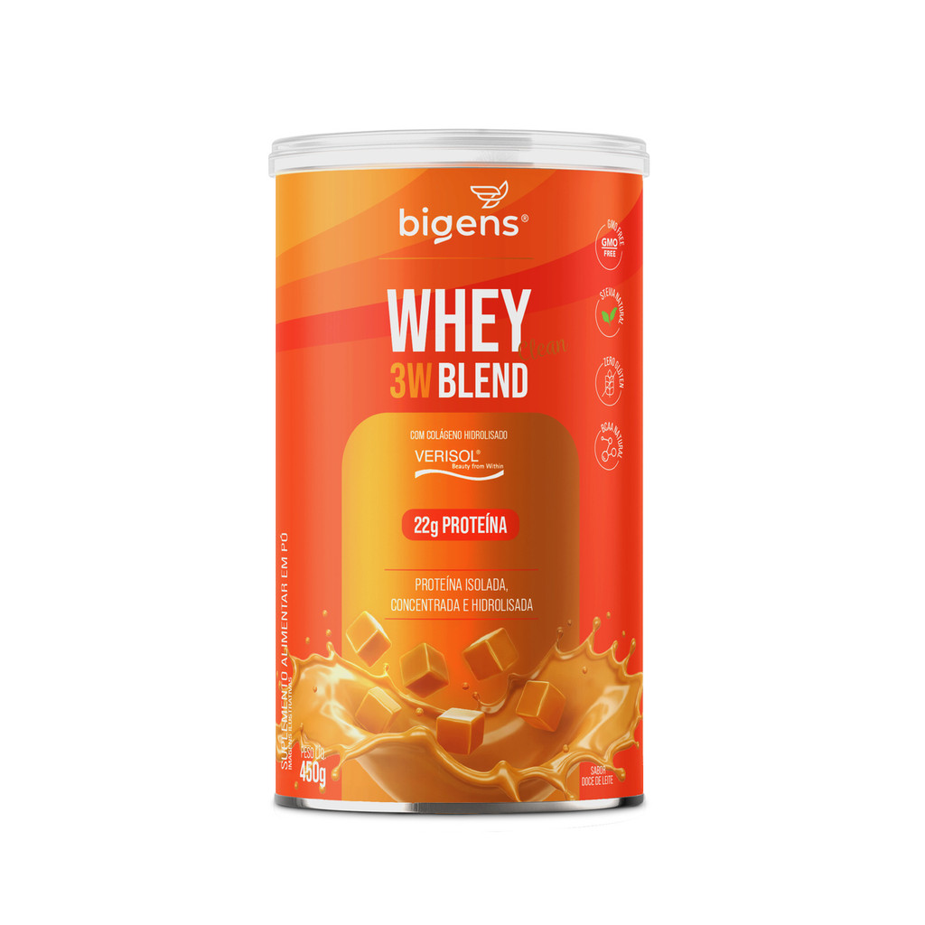 Bigens Whey 3W - Doce de Leite – 22g Proteína, BCAAs e Verisol® | 450g em Oferta na Shopee