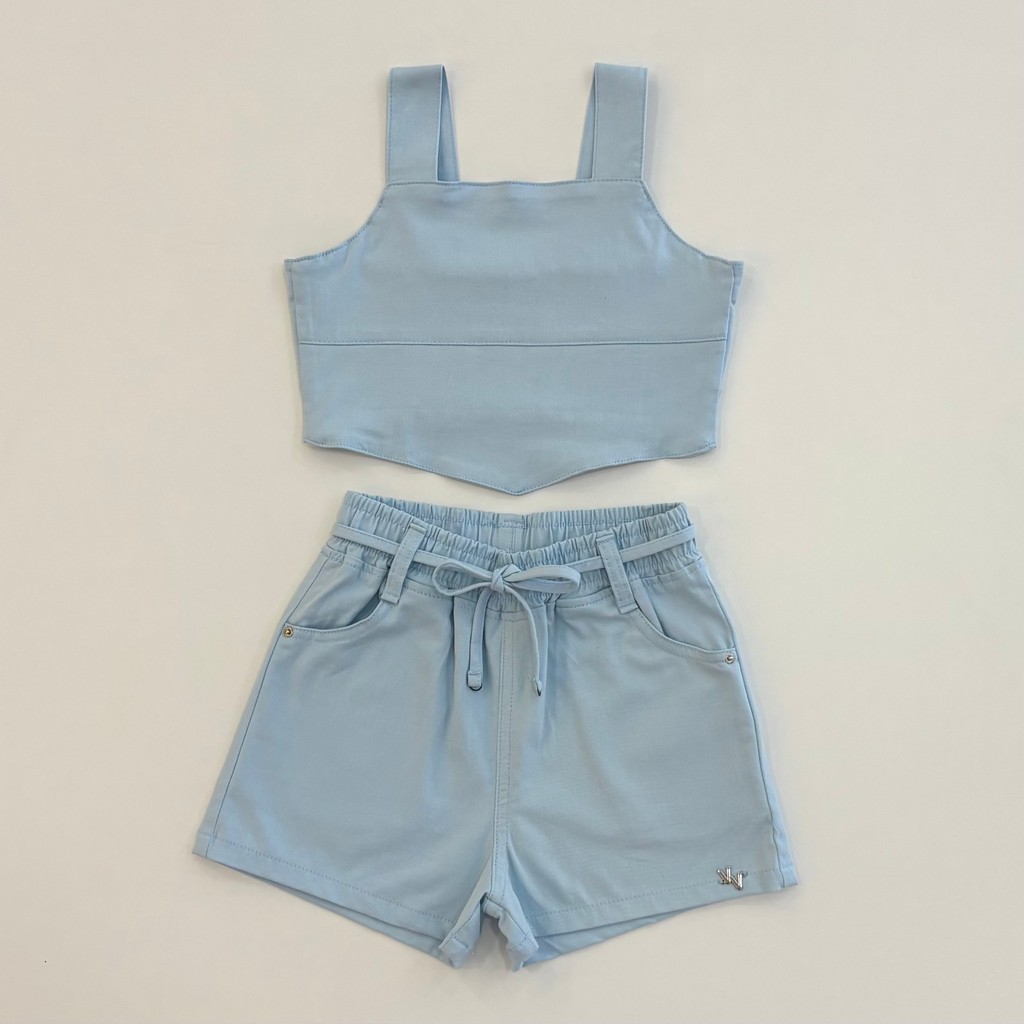Conjunto Infantil Menina Vic&Vicky Cropped e Shorts Azul Verão Moda Teen Kids 86722