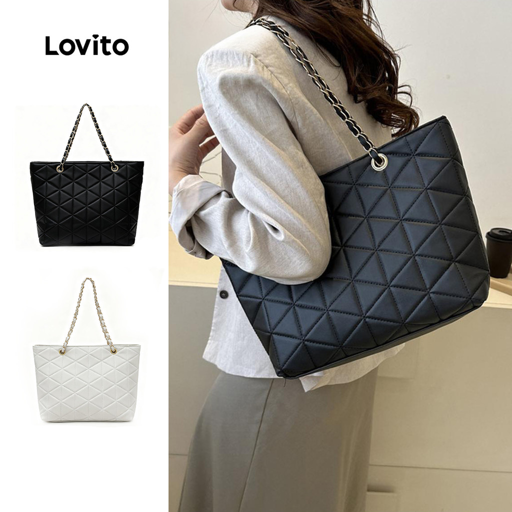 Lovito Casual Argyle Chain Acolchoado Zíper Sacola de Ombro de Grande Capacidade Bolsa para Mulheres LFA74026 em Oferta na Shopee