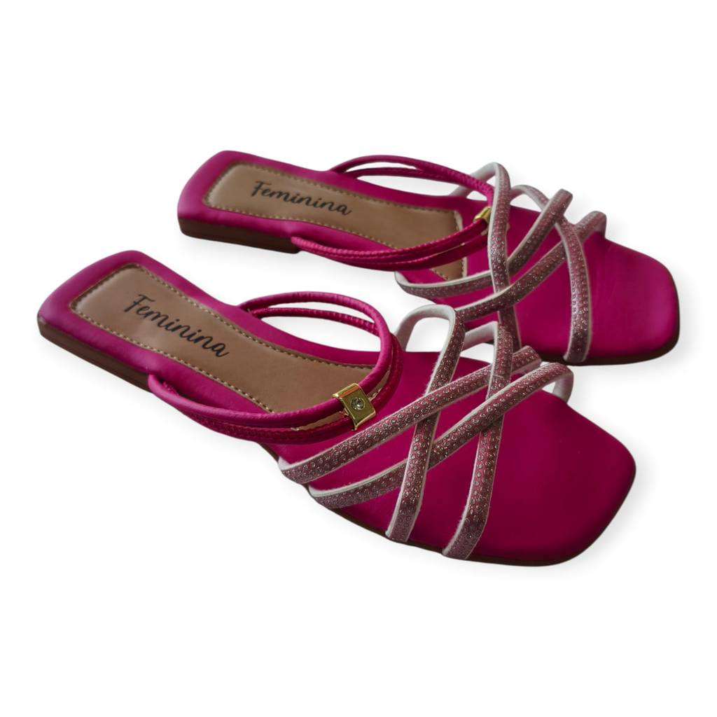 Rasteirinha Feminina Pink Vibrante com Tiras Duplas de Brilho