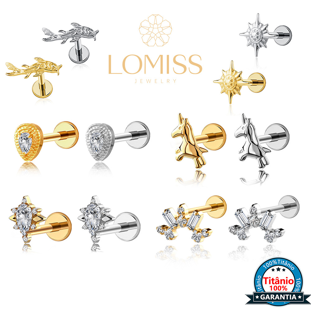 Piercing Orelha Boca Titânio PVD Zircônias Helix Conch Labret Cartilagem Nariz Trágus