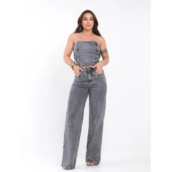 Conjunto Feminino Jeans – Cropped Elástico Calça Wide Leg