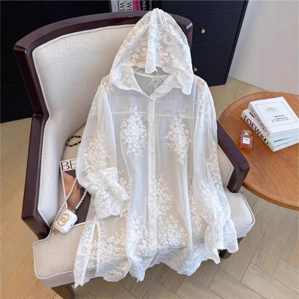 Cardigan de Renda Feminino, Branco Leve para Cobrir, Blusa com Capuz de Manga Longa para Praia / Ao Ar Livre