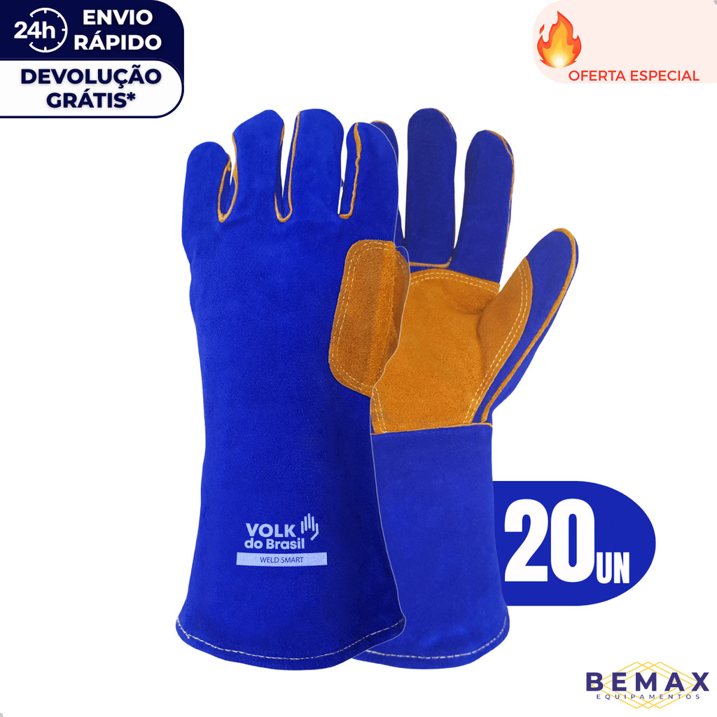 Kit 20 Luva De Solda Weld Smart Térmica Soldador Resistência Térmica Couro Raspa Reforçada Volk