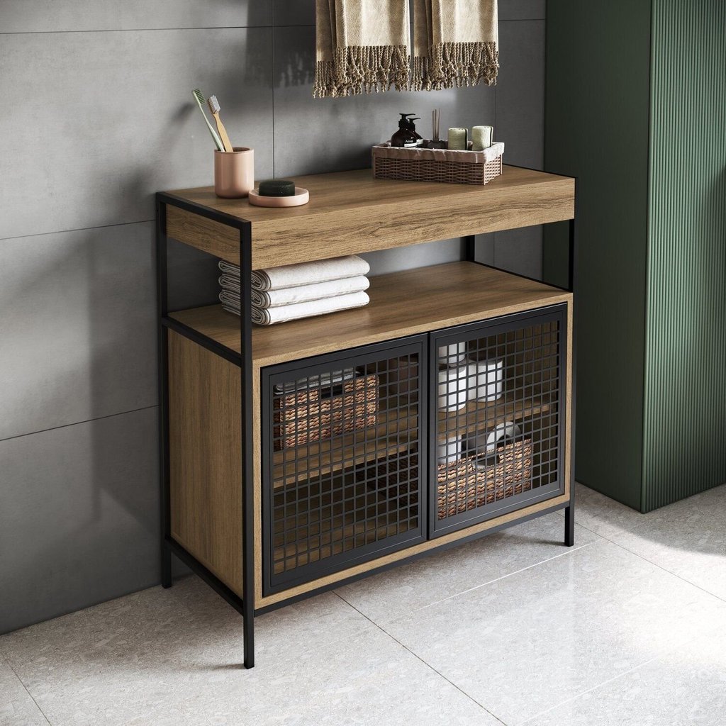 Armário Gabinete de Banheiro 80cm Estilo Industrial com 2 Portas Marrom/Preto/Mel Preto/Mel