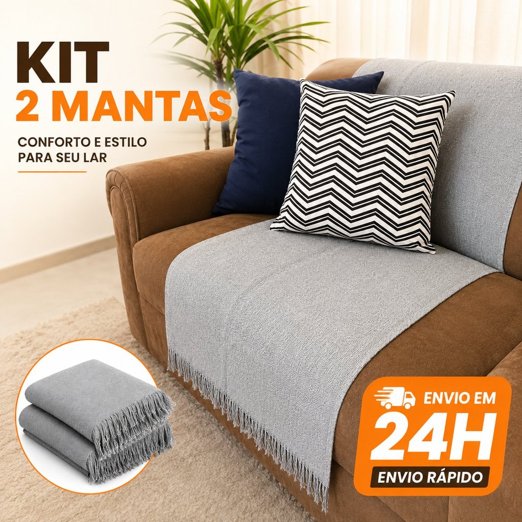 Kit 2 Mantas para Sofá Protetor Gigante Grande Frio Cama Decorativa 210x120 Luxo 100% Algodão