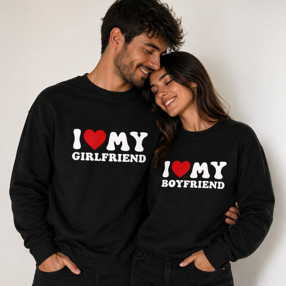 Kit 2 Unidades Moletom Careca Gola Redonda Algodão Casal I Love My Boyfriend I Love My Girlfriend