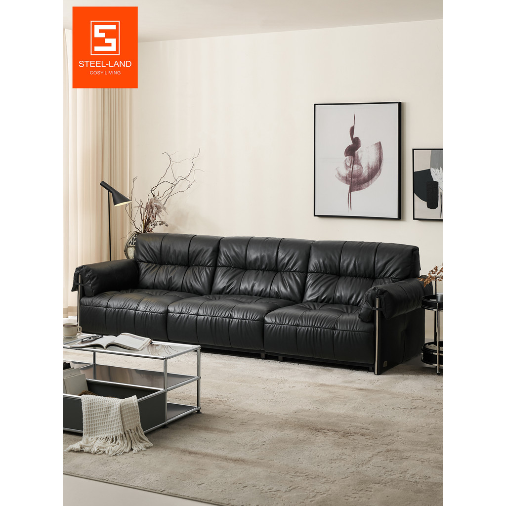 Steroland Barta Sofá de couro completo com encosto alto de 50 cm Sofá Medieval Sofá preto de primeira camada