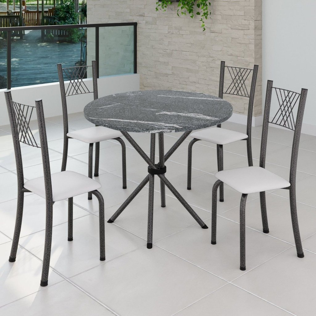Conjunto de Jantar Mesa Tampo Redondo de Granito Topázio com 4 Cadeiras Sara Yescasa Prata/Branco Liso/Mart