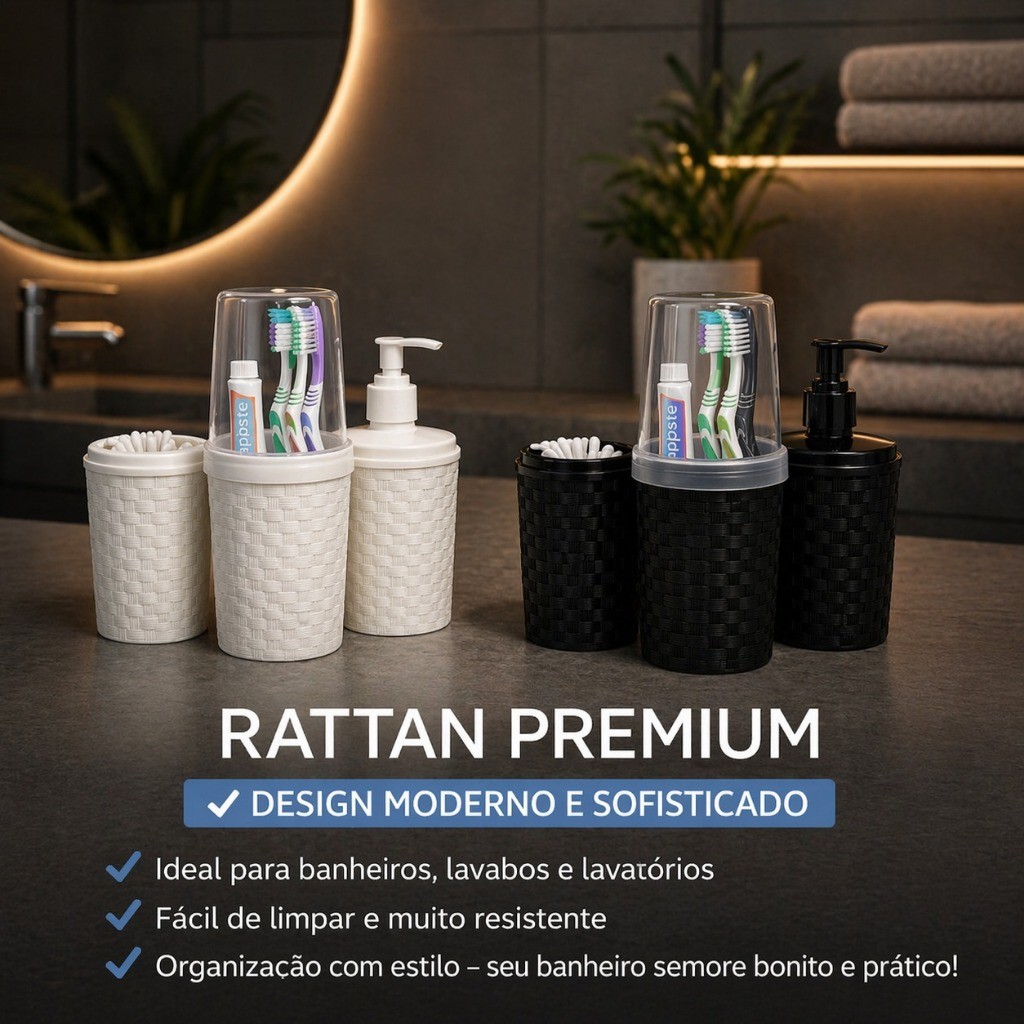 Kit Banheiro Luxo Porta Escova Saboneteira Líquida e Porta Algodão Preto Branco — imagem 2 de 2