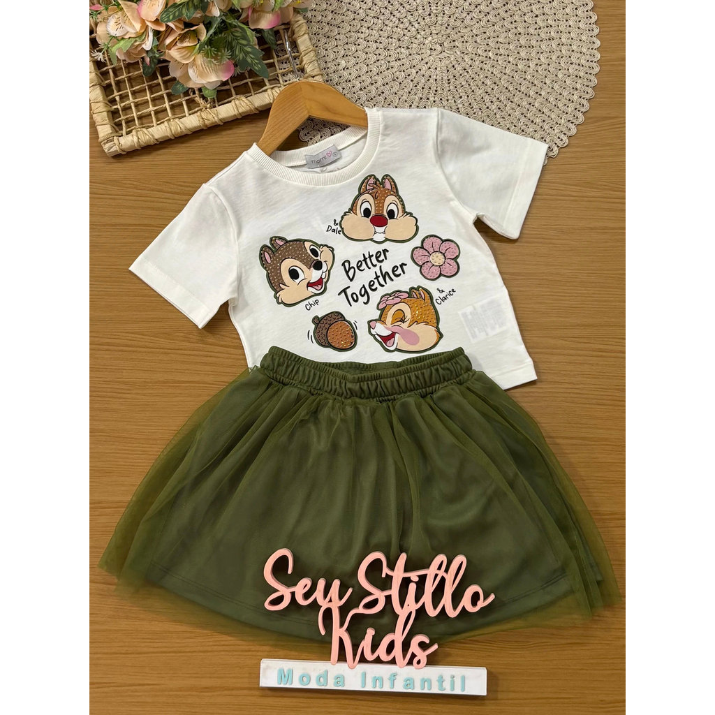Conjunto Infantil Momi Inverno com Saia em Tule Verde e Blusa Manga Curta Tico e Teco Strass