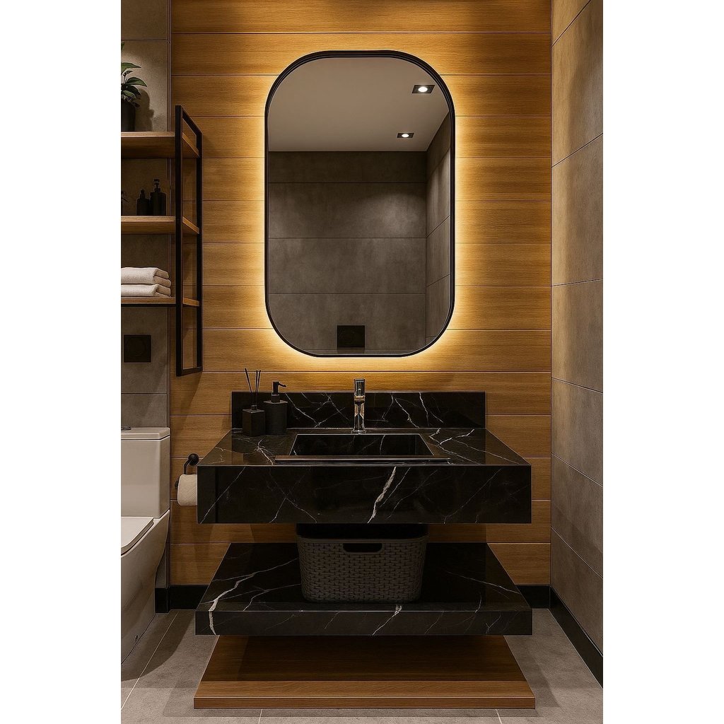 Bancada em Porcelanato para Banheiro 80cm Com Cuba Preto
